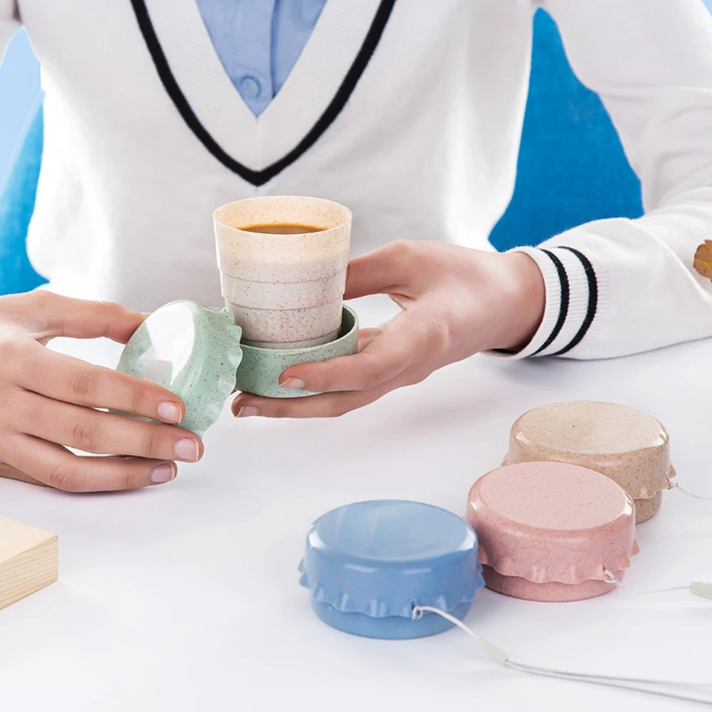 

Outdoor Travel Portable Wheat Straw Coffee Tea Folding Cups with Lid Cover Telescopic Camping Student Drinking Water Teacup Mug