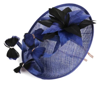 

hat female hemp yarn banquet mesh feather feather headdress bride linen large mesh yarn banquet hat navy blue top hat
