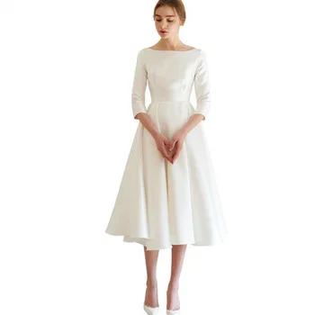 

Holievery Half Sleeves Satin Homecoming Dresses 2020 Ivory White Simple Midi Party Dress Tea Length Women Gowns