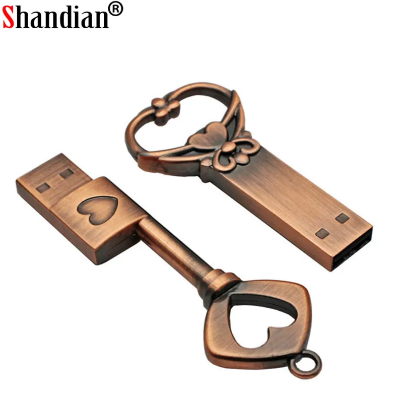 SHANDIAN copper love heart shaped key usb flash drive pendrive pen 4gb 16gb 32gb 64GB metal keys memory Stick wedding gift | Компьютеры и
