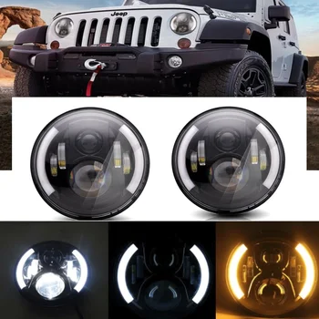 

7" LED Headlights 55W H4 Headlamp Halo Angel Eyes Amber Turn Signal Lamps for Jeep Wrangler JK TJ Land Rover Defender