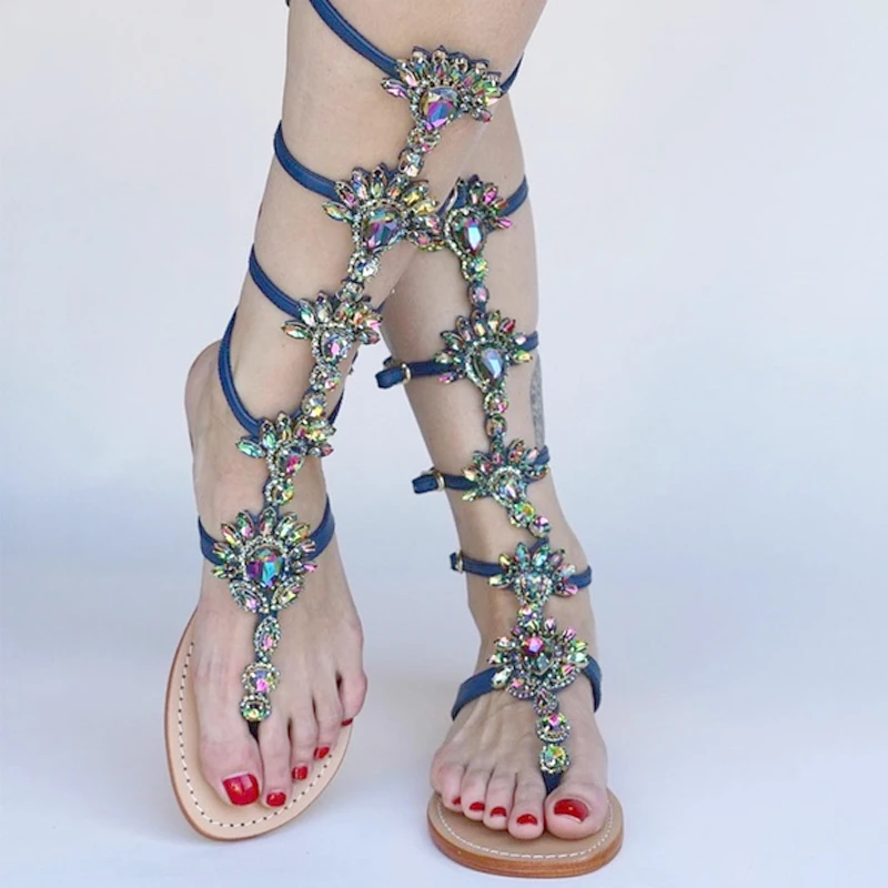 Woman Sandal Boots Rhinestone Lady Knee High Boots Thin High Heels Stiletto Crystal Dress Summer Shoes Sandalias Bohemia Style women sandals women high heels
