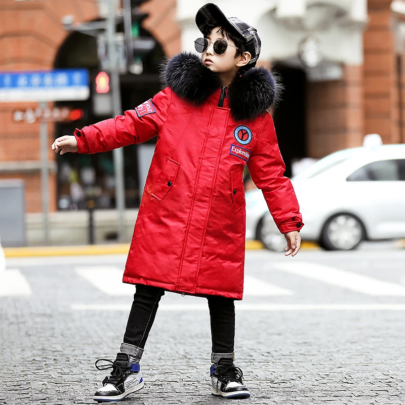 Новая зимняя теплая куртка-пуховик для мальчиков, утепленные детские парки на утином пуху, пальто, детская верхняя одежда с натуральным мехом для подростков-30 градусов