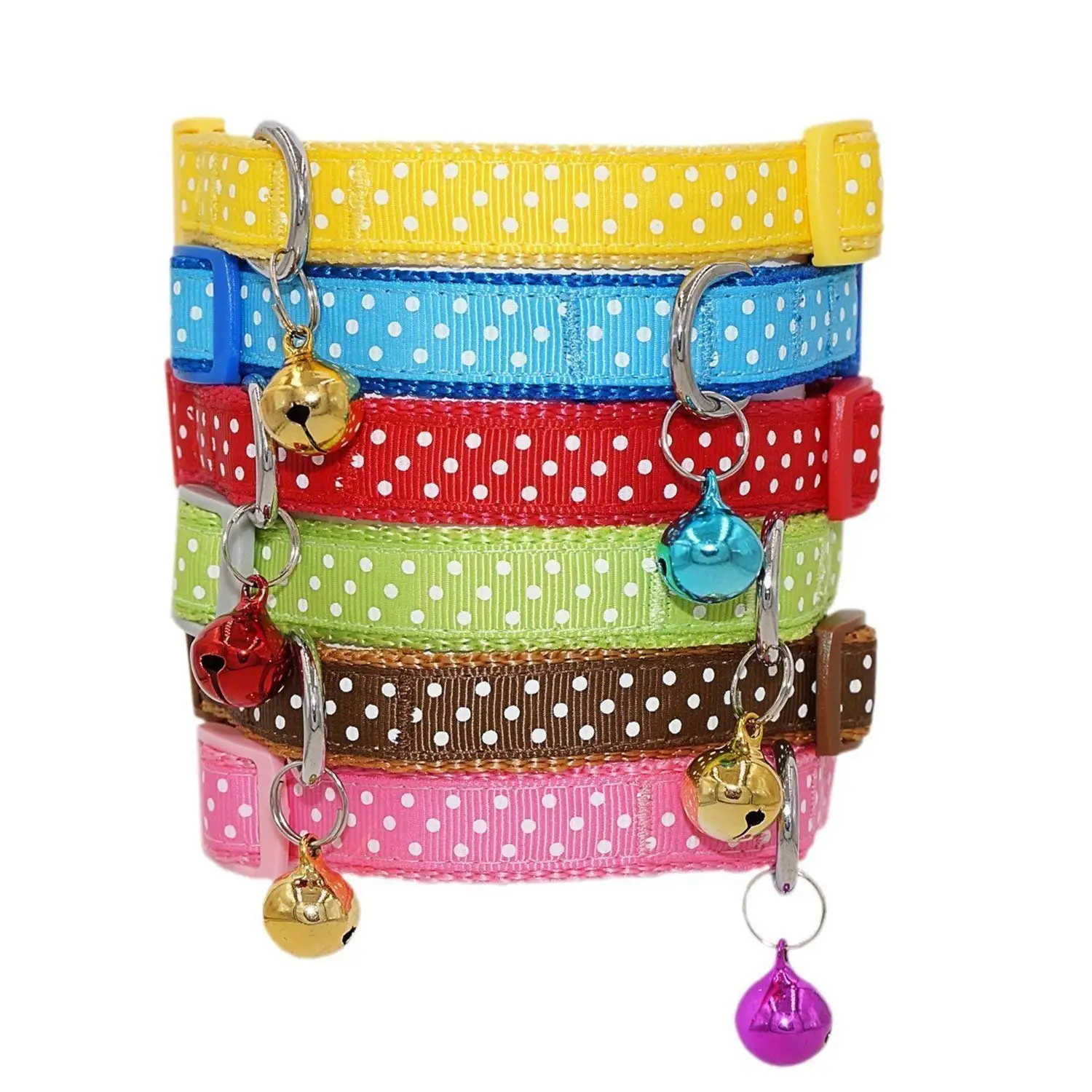 6Pcs Adjustable Pet Collar with Bell Cat Collars Reflective Nylon Strip Star Print Dot Design for Small Puppy Kitty Kitten