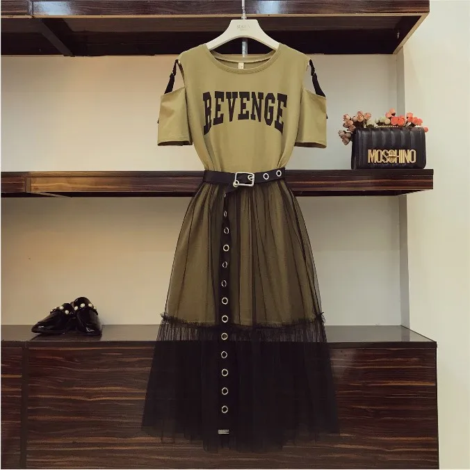 

Clearance ! Women's Summer Hollowed Shoulder Short Sleeve Letters Long T-shirt + Gauze Skirt Two Piece Casual Dress Set