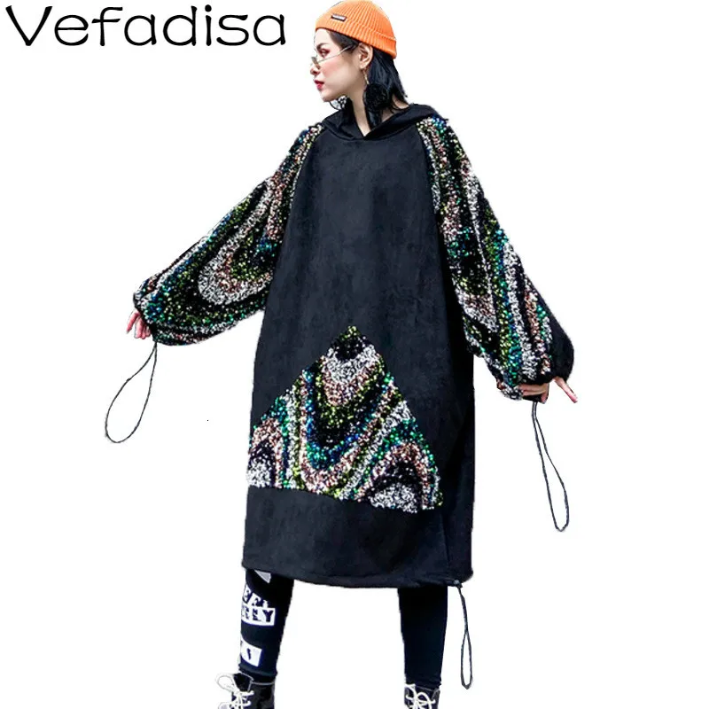 Vefadisa, черный свитер с блестками, платье для женщин, зима, пуловер с капюшоном, платье с длинным рукавом, свитер, платье, свободное, QYF1375