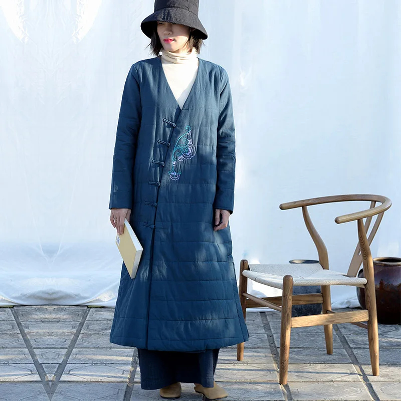 Lake Blue SCUWLINEN Ретро зимняя куртка женская винтажная изысканная вышивка v-образный вырез Длинные теплые ватные пальто дзен парка S731-1 - Цвет: Lake Blue