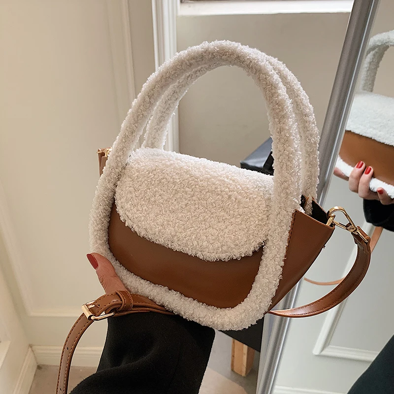 с доставкой Vintage Fake fur PU Leather Small Flap Crossbody Shoulder Bags for Women 2021 hit Winter Luxury Purses and Handbags |