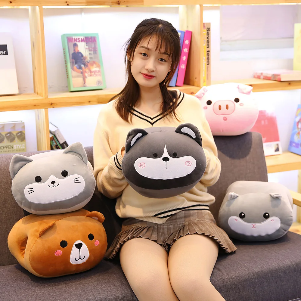 

Adorable Animals Head Pillow Plush Hand-Warmer Husky Pig Cat Bear Hamster Elastic Plush Down Cotton Functional Gift 30cm
