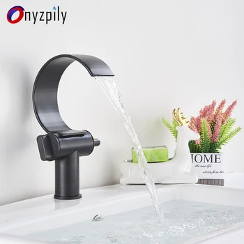 

Onyzpily Black Bronze Kitchen Faucet Waterfall Spout Single Handle Mixer Tap Sink Crane Hot Cold Water Sink Faucet