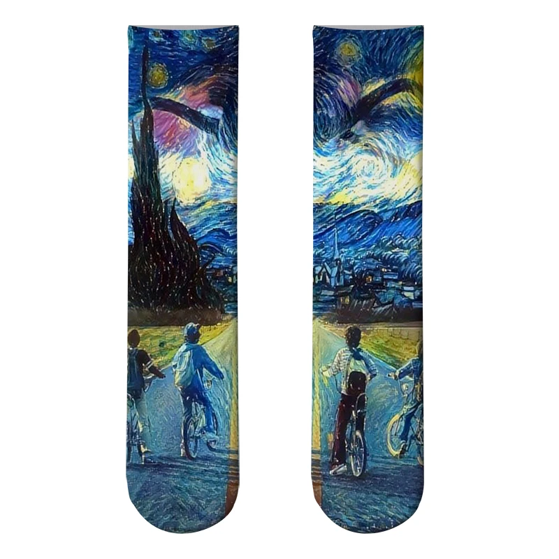 Mona Lisa Retro Printed Art Socks For Unisex Fashion Funny Famous Painting Long Socks Van Gogh Starry Night Women Cotton Socks black ankle socks Women's Socks