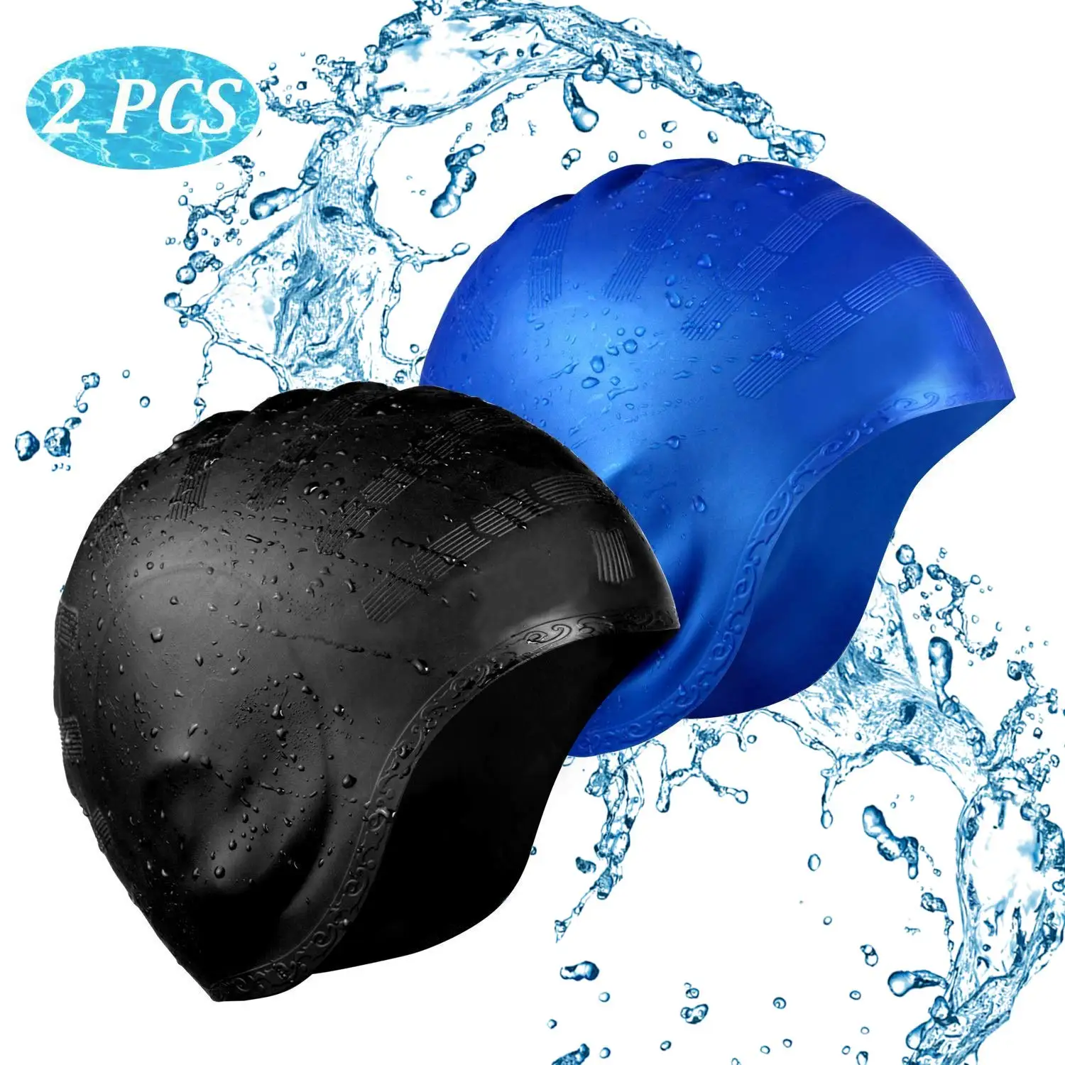 2 Pack Swimming Cap Silicone Waterproof Swim Caps Long Hair Latex Pool Hat with Ear Cover Protect for Men Women Adult Kids full face cover kids balaclavas hat ski cycling face mask caps hood cover