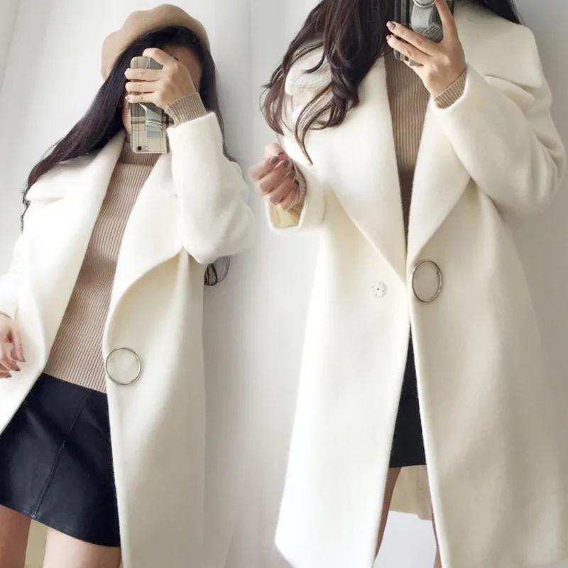

White Wool Mixture Coat Woman Long Sleeve Winter Fashion Coat Delicate Wool Coat For 2019 Female Overcoat FZ796