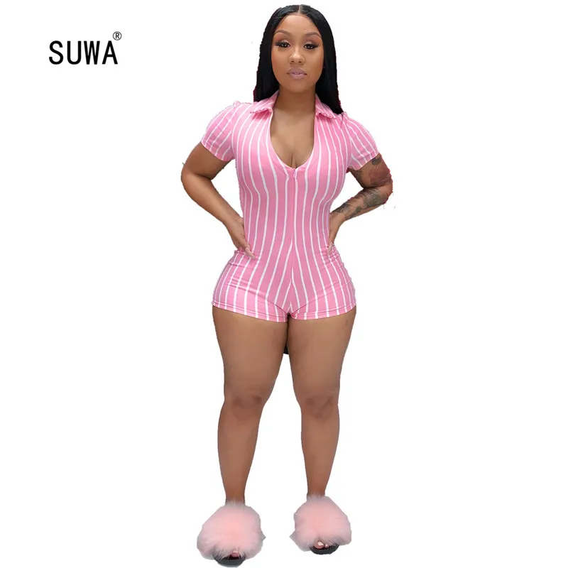 Классическая уличная одежда, Женский обтягивающий короткий комбинезон в Вертикальную Полоску,, летний женский игровой костюм с коротким рукавом с отложным воротником