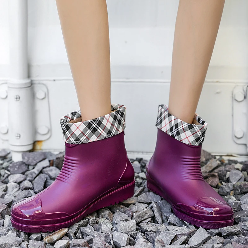 Botas de goma zapatos de agua, Botas de lluvia, botines de Color púrpura sólido con calcetín, | - AliExpress