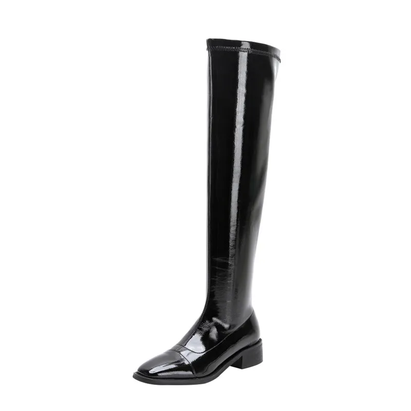 MoonMeek/ г. Новые Модные женские ботинки из лакированной кожи на низком каблуке однотонные Черные Сапоги выше колена с квадратным носком высокого качества - Цвет: Черный