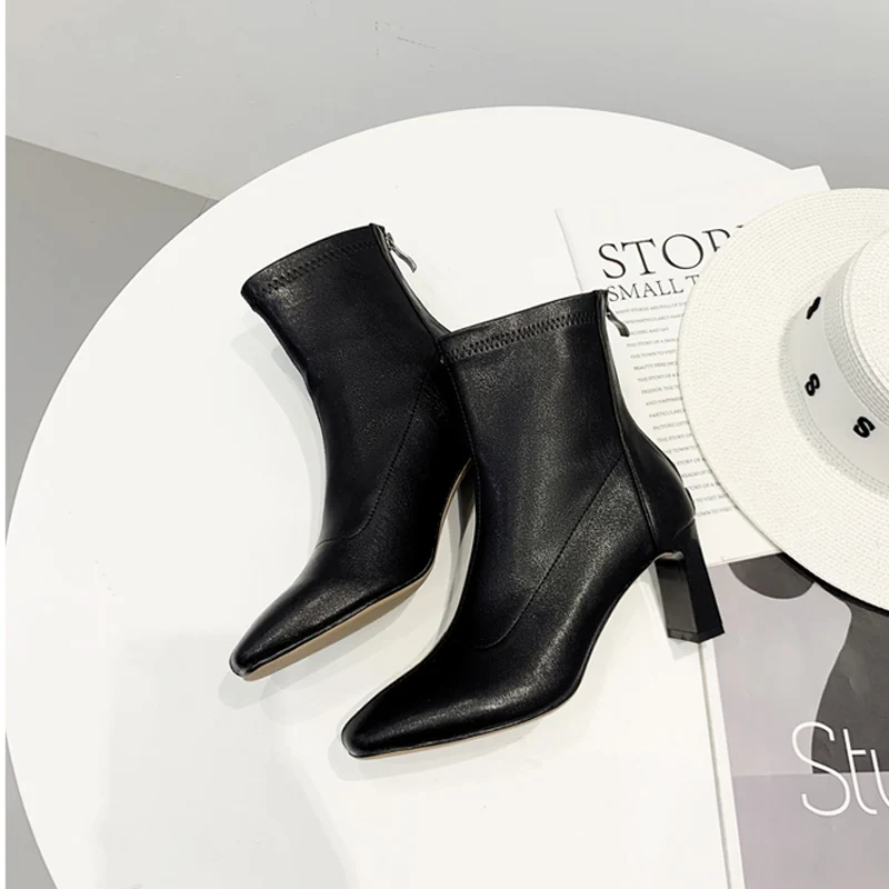 

MONMOIRA Solid Punk Ankle Boots for Women Vintage Square Toe Stretch PU Sock Boots Women Designer Winter Shoes Women SWE0682
