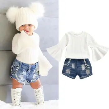 

Toddler Infant Baby Girl Clothes Cotton Kid White Flare Sleeve O Neck Tops + Jeans Shorts Outfits Spring Set Costume 2PCS