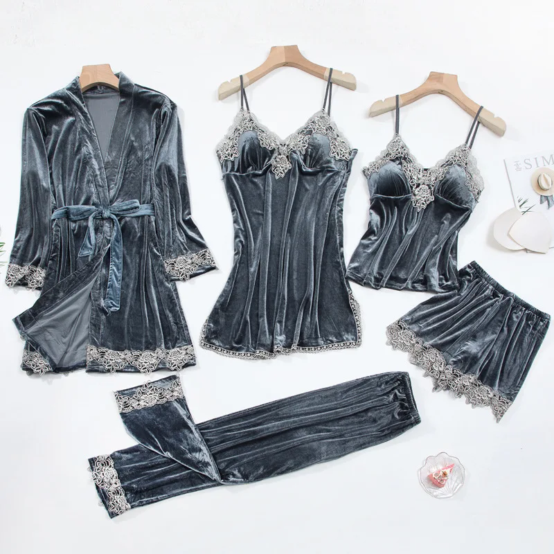 Осенне-зимняя бархатная ночная рубашка 5 шт. женский пижамный комплект халат