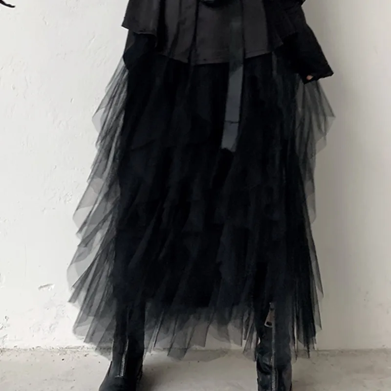 New Fashion Spring Personality Pleated Long Skirt High Waist Network Sand Black Skirts Womens ZA2416