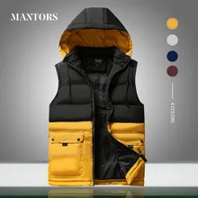 Мужская жилетка, зимняя теплая Новая повседневная пуховая куртка без рукавов, Мужская однотонная Лоскутная жилетка с капюшоном, мужская верхняя одежда с хлопковой подкладкой
