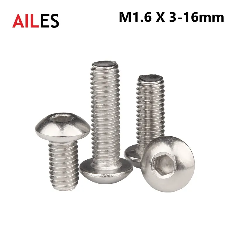 

M1.6 Hexagon Hex Socket Cap Button Round Head Screws A2-70 304 Stainless Steel M1.6x3 4 5 6 7 8 10 12 16mm Allen Bolts