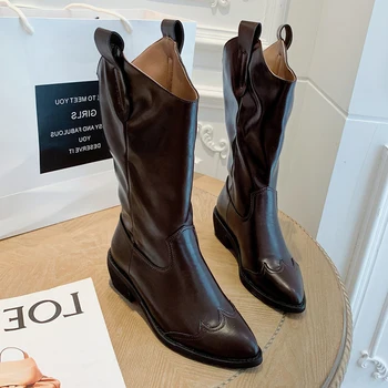 

2020 Comfortable Brown Combat Boots Women Western Cowboy Boots Gothic Shoes Platform Black Leather Mid Calf Boots Botas Mujer