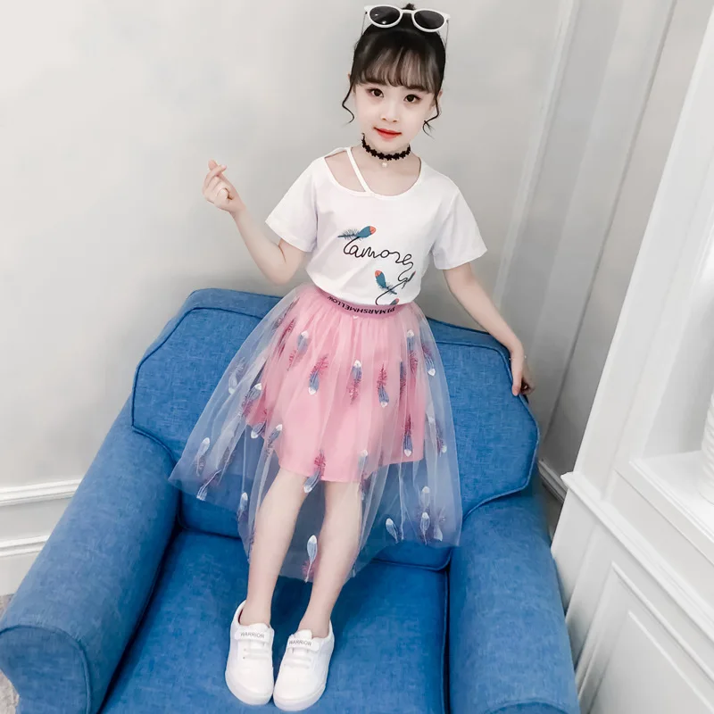 

Girl'S Suit 2020 Summer New Style Korean-style Big Boy Ultra-Stylish Feather T-shirt Feather Yarn Skirt Two Piece Set