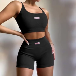 Summer Sexy Ladies Sportswear Two Piece Set Spaghetti Strap Bodycon Crop Top Short Pant Letter Print Tracksuit Outfits for Women