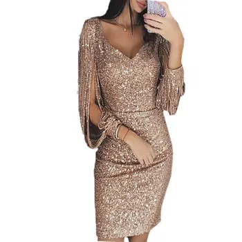 

2020 High Quality Sexy Women V Ncek Solid Sequined Glitter Stitching Shining Club Sheath Long Sleeved Mini Dress For Female