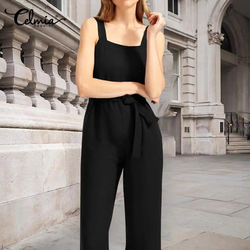 Celmia Vintage Cotton Linen Summer Women Rompers Spaghetti Strap Sleeveless Casual Loose Jumpsuit Solid Belt High Waist Overalls