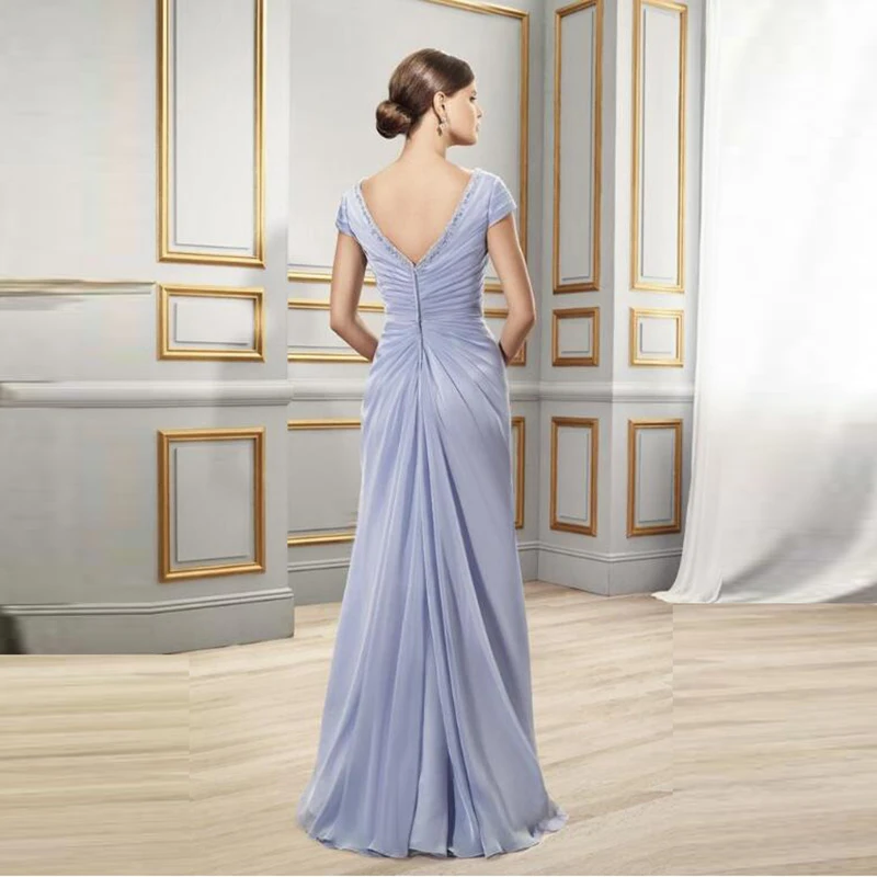Periwinkle Charming Chiffon Mother of the Bride Dresses Cap Sleeves V Neck Wedding Party Gowns Back Out Beaded