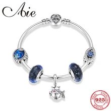 Настоящее серебро 925 проба Принцесса Подвески-рыбки бусины женские браслеты голубые шармы бусины из муранского стекла браслет