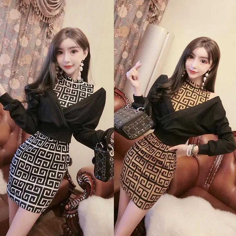 

Photo Shoot New Style French Retro Playful Set Graceful Printed off-Shoulder Dress Two-Piece Set WOMEN'S Dress