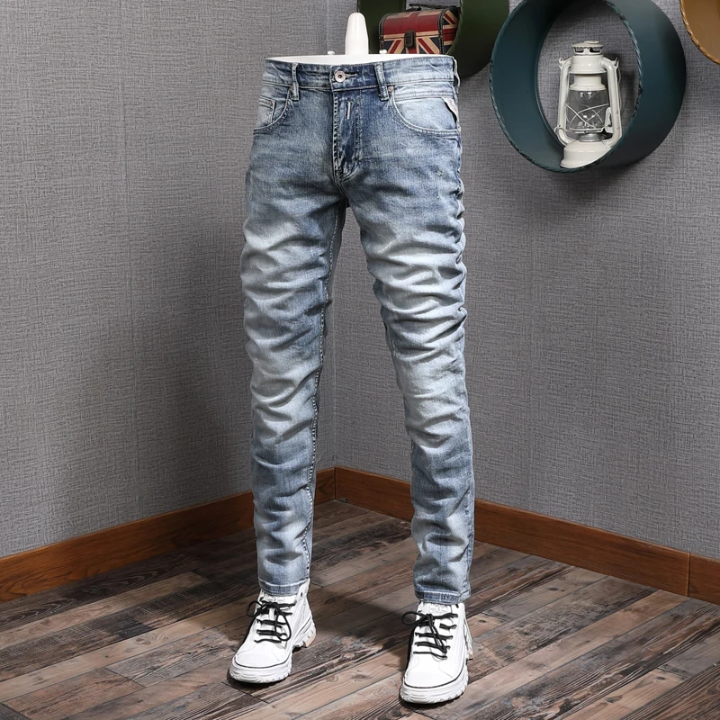 Italian Style Fashion Men Jeans Retro Light Blue Elastic Cotton Ripped Denim Trousers Vintage Designer Casual Slim Long Pants | Мужская