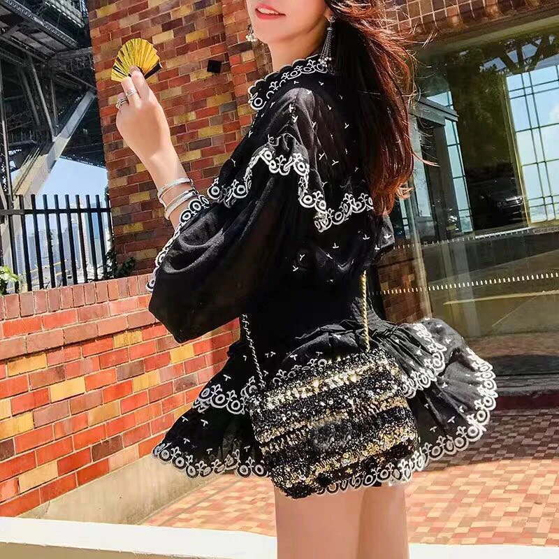 

KAMIYING Embroidery Ruffle Perspective Patchwork Two Piece Sets Female Flare Sleeve Shirts High Waist Mini Skirts Female New