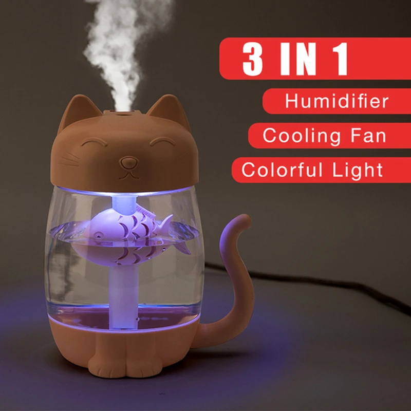 

3 in 1 350ML USB Cat Air Humidifier Ultrasonic Mist maker Aroma air diffuser Mini Humidifier With LED Light Mini Fan Car