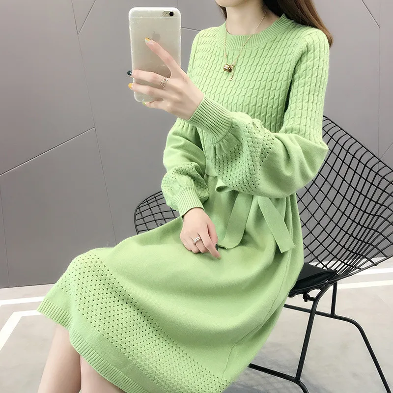 YY7105Neon Green Осенне-зимнее женское платье-свитер миди повседневное с круглым вырезом и длинным рукавом свободное вязаное платье для женщин элегантные вечерние платья - Цвет: YY7105Neon Green