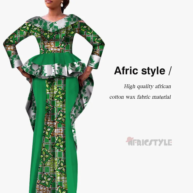 African Dashiki Bazin Dress 2- Piece Top and High Waist Skirt Set model WY5341