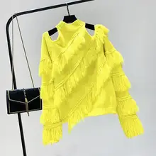 Pull Femme зимний топ с кисточками без бретелек джемперы с воротником женский свитер с длинным рукавом Холтер вязаный пуловер