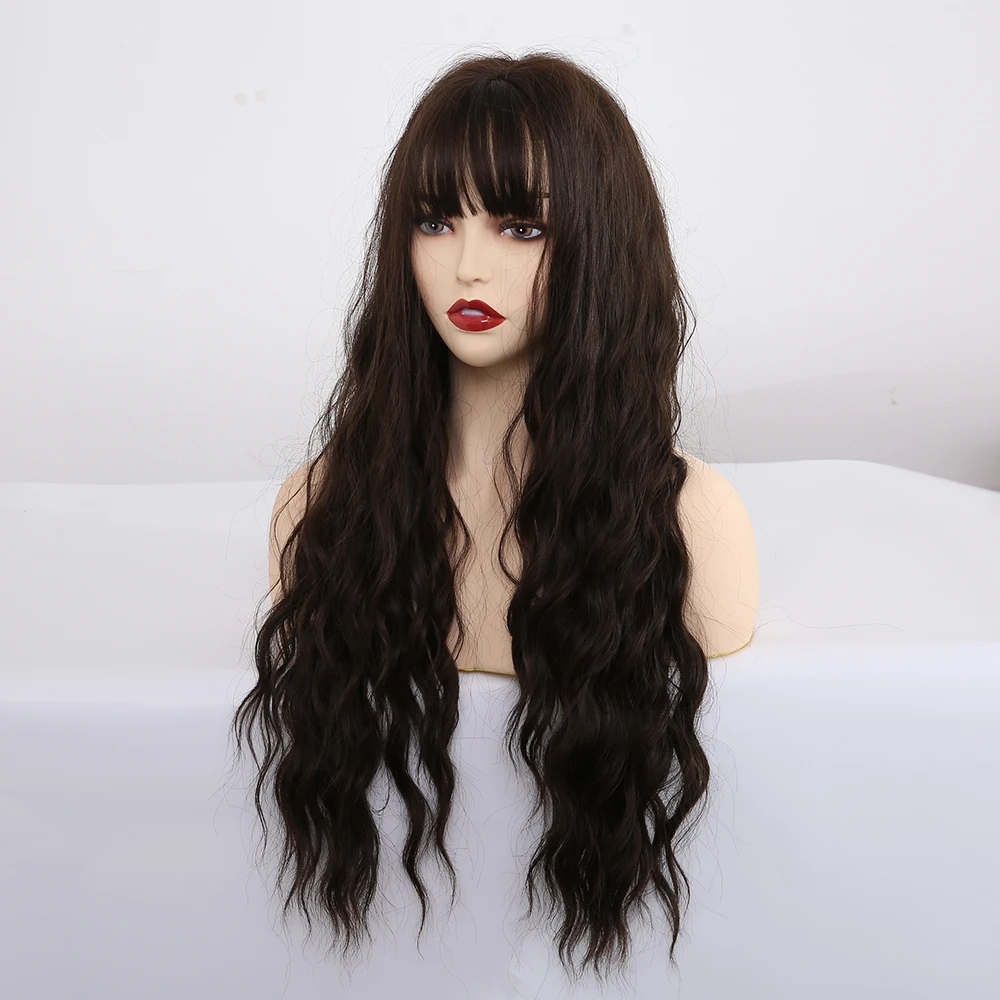 EASIHAIR Long Dark Brown Synthetic Wigs for Women Water Wave Cosplay Wigs With Bangs Heat Resistant Pink Fake Hair Natural Wigs
