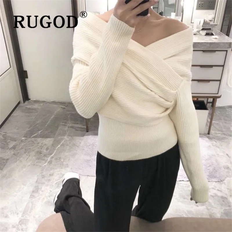 RUGOD, свитер с открытыми плечами, однотонный пуловер, джемпер, Зимние Топы для женщин, трикотаж, корейский стиль, женские свитера,, перекрестный дизайн