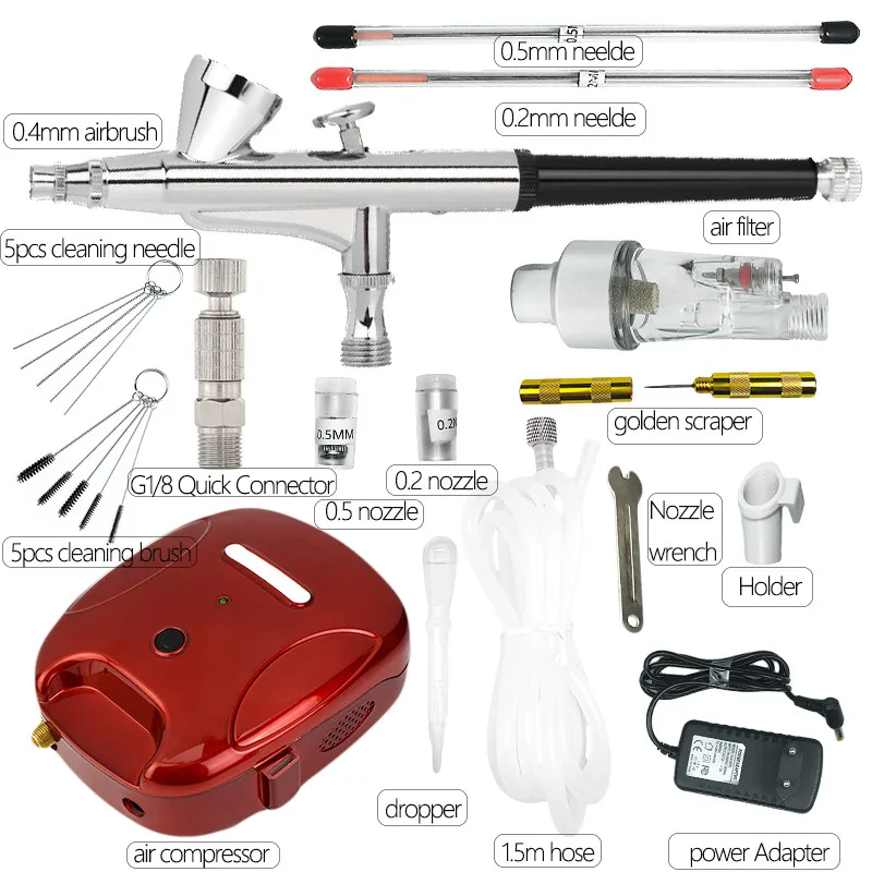 Аэрограф компрессорная установка тяжести 0,4 мм& 0,3 мм 2cc& 7cc двойного действия пистолет-распылитель Набор для Красота арт бодиарт модель торта распыления - Цвет: 0.2 0.4 0.5mm Kit RE
