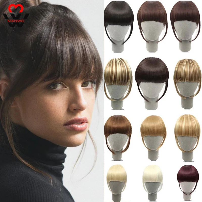 

MANWEI Fake Fringe Bangs Clip Ons 6 Inch Short Straight Front Neat Wedding Synthetic Hair Pieces Bangs For Women