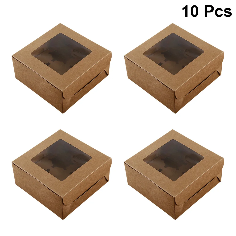 

10pcs Cupcake Box 4 Cavities Dessert Windowed Bakery Kraft Paper Containers Packaging Carriers with Inserts