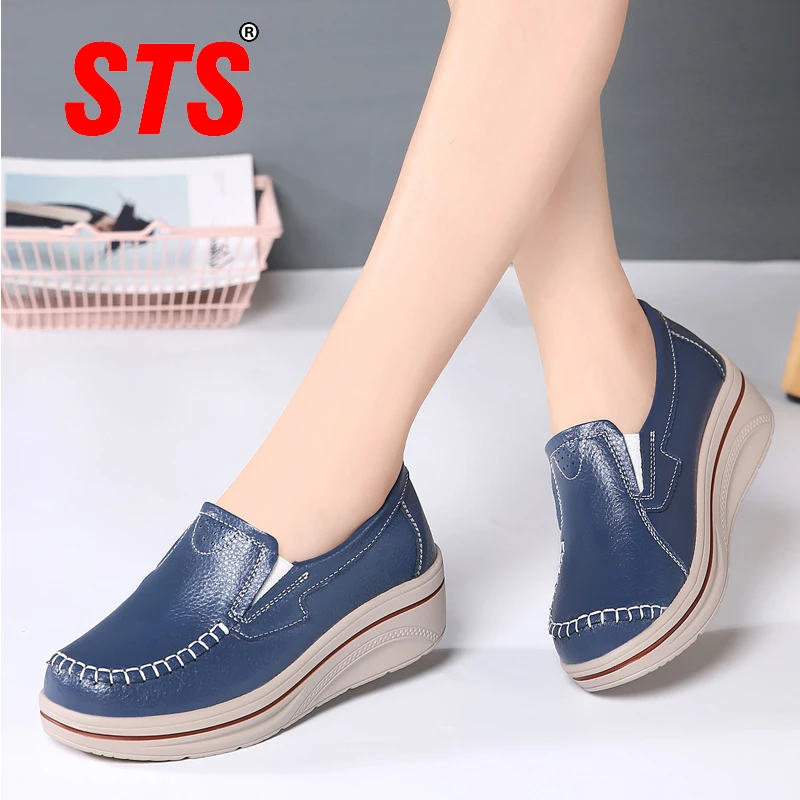 STS-zapatos informales de cuero para mujer, calzado ligero y cómodo para exteriores, de talla grande, sin cordones, para gimnasio