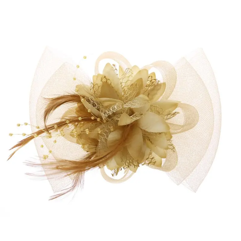Женский вуалетный вуаль перо заколка для волос для невесты свадебный головной убор большой сетчатый Бант Цветок Шпилька из бисера сплошной цвет чай