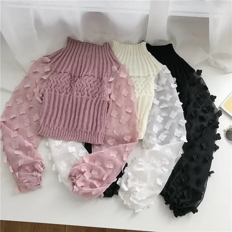 Neploe, женский короткий пуловер, трикотаж, аппликация, марля, пэчворк, рукав-фонарик, вязаный джемпер, имитация двух частей, свитер, 55834