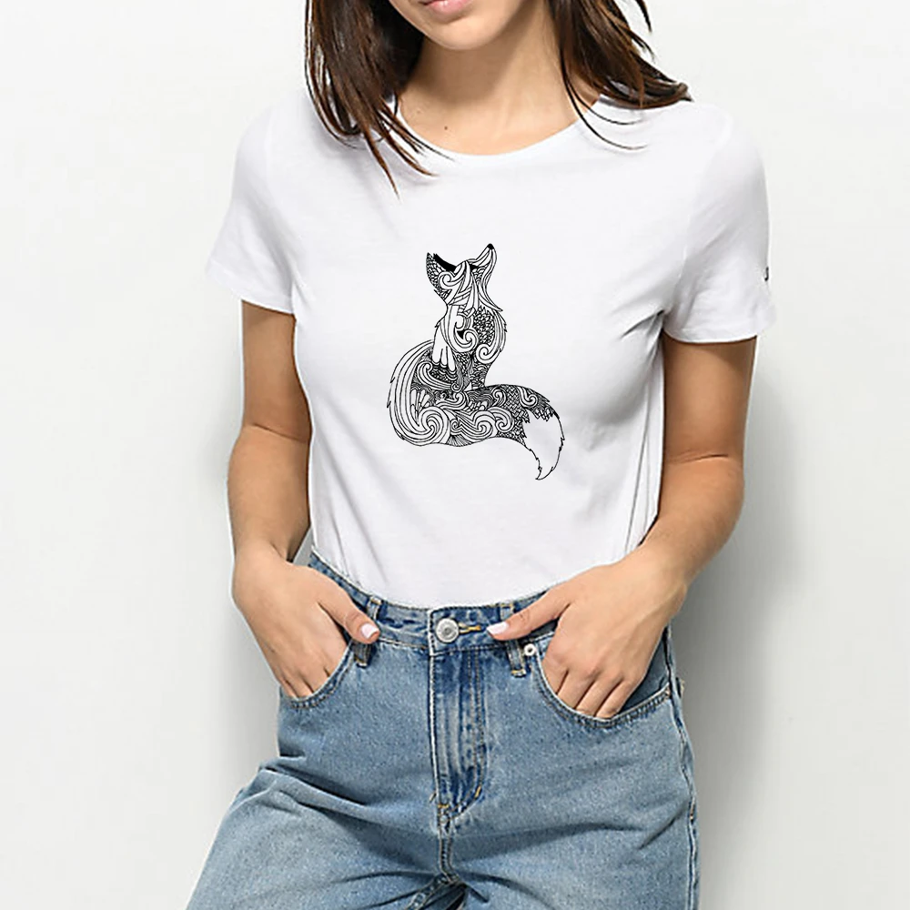 Camiseta con estampado juvenil para Mujer, remera estampado geométrico de zorro, Ropa para Mujer, Harajuku, camiseta encantadora y animada|Camisetas| - AliExpress
