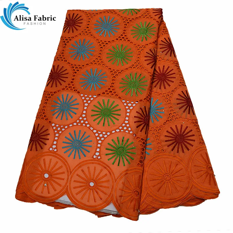 Оранжевый цвет Африканский маркизет кружевные ткани с камнями и высокое качество хлопок кружева ткани с вышивкой кружева для свадьбы